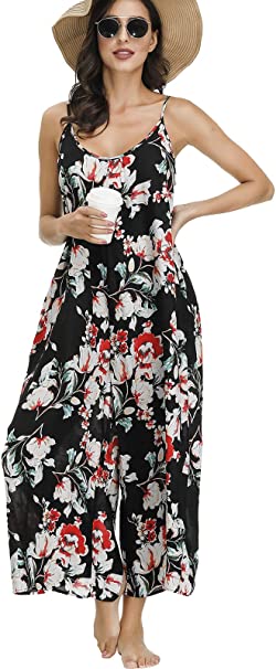 BUENOS NINOS Women's V Neck Floral Maxi Dress Boho Printed Adjustable Spaghetti Strap Ethnic Beach Long Dress with Pockets