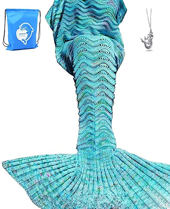 LAGHCAT Mermaid Tail Blanket Knit Crochet Mermaid Blanket for Adult, Oversized Sleeping Blanket, Wave Pattern (75 x 35.5 Inch, Wave Mint-1)…