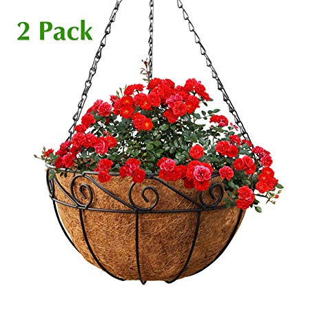 GrayBunny GB-6907A2 2 Pack, Metal Hanging Planter Basket with Coco Liner, 14 in Diameter, Hanging Flower Pot, Round Wire Plant Holder, Watering Basket, Chain Porch Decor, For Lawn, Patio, Garden, Deck