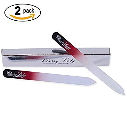 ClassyLady Professional Glass Nail File - Crystal Finger Nail Files For Natural and Acrylic Nails, Double Sided Glass Nails File instead of Emery Boards and Buffers (Black/Red 2 Pack)