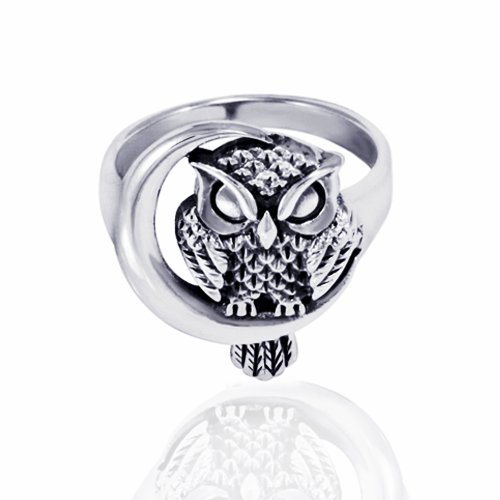 925 Oxidized Sterling Silver Detailed Midnight Owl with Crescent Moon Ring - Nickle Free