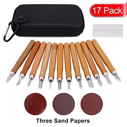 Wood Carving Kit ,17 PCS Wood Carving Knife Tool Set for Beginners with Whetstones-Sand Paper and Storage Bag Professional Wood Carving Chisel Set