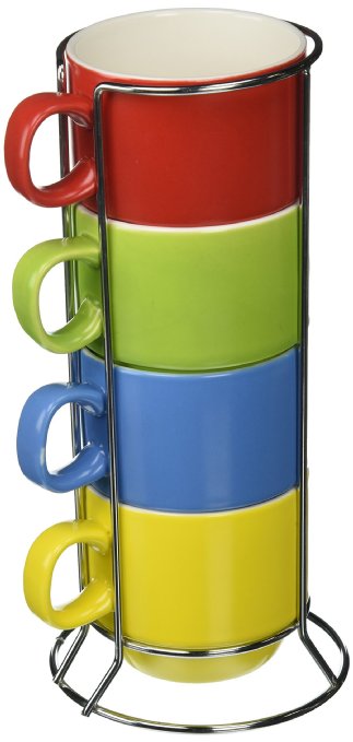 OliaDesign 4 Piece Stackable Porcelain Coffee/Tea Cup Set with Metal Stand, Multicolored