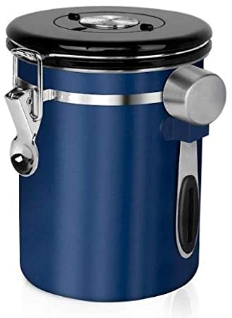 Chef's Star Stainless Steel Airtight Canister Coffee Vault with Built in CO2 Valve with Measuring Scoop, Date Tracking Wheel and Storage Container for Coffee Beans and Coffee Grounds (32 oz, Blue)