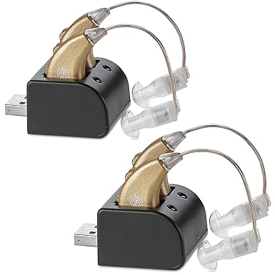 Digital Hearing Amplifiers - (2-Pairs) Rechargeable BTE Personal Sound Amplifier Pair with USB Dock - Premium Gold Behind The Ear Sound Amplification - by NewEar