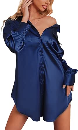 Ekouaer Women Satin Sleep Shirt Long Sleeve Nightgown Button Down Nightshirt Silk Sleepwear Soft Pajama Dress Sleep Dress