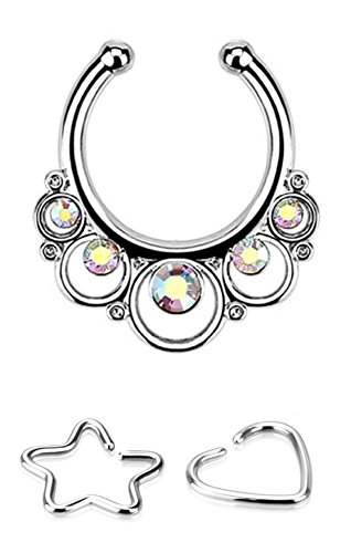 Floral Round with AB Clear Gems 5/16" Hoop Non-Piercing Septum Hanger 525SA & FREE ITEMS