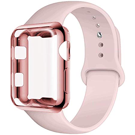 GBPOOT Compatible for Apple Watch Band 38mm 40mm 42mm 44mm, Soft Silicone Replacement Sport Wristband with Apple Watch Screen Protector Case Compatible for Apple Watch Iwatch Series 1/2/3/4