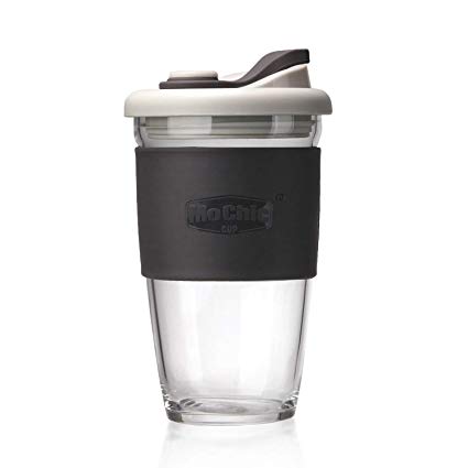 MOCHIC CUP Reusable Coffee Cup Glass Travel Mug with Lid and Non-slip Sleeve Dishwasher and Microwave Safe Portable Durable Drinking Tumbler Eco-Friendly and BPA-Free (Charcoal Gray, 16 OZ)