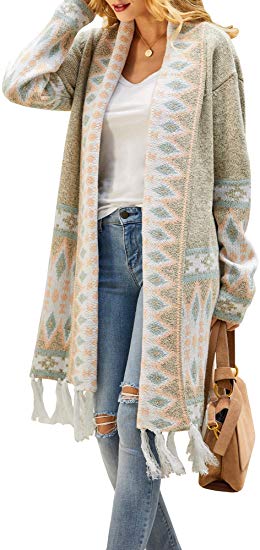 Ferbia Women Boho Cardigan Open Front Long Maxi Knit Sweaters Aztec Tribal Tassel Fringe Thin Coat