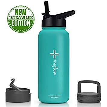 the flow Stainless Steel Water Bottle–Double-Walled Vacuum Insulated Bottle with Straw Lid, Carabiner Lid & Flip Lid–Dishwasher Safe Thermos Sports Bottle in 10 Colors –Available in 32oz & 18oz