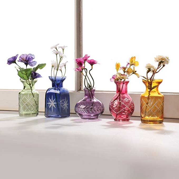 ART & ARTIFACT Set of 5 Petite Glass Bud Vases in Clear or Jewel Tones- Fun Shapes, 2 3/4"-3 3/4" H - Jewel Tones