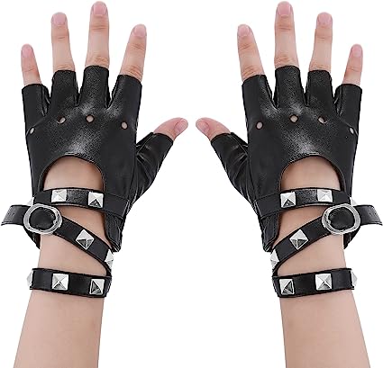 Yolev Black Leather Punk Gloves Fingerless Gloves Biker Punk Gloves with Belt Up Closure and Rivet Design for Women Teens Girls