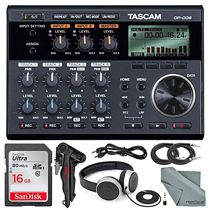Tascam DP-006 6-track Digital Pocketstudio and Deluxe Accessory Bundle with Tascam Stereo Headphones, Table Top Tripod, SD Card, FiberTique Cleaning Cloth, and More