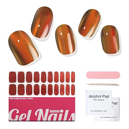 Semi Cured Gel Nail Strips, 20 PCS Gel Nail Stickers Work with UV Light, Gel Nail Wraps, Salon Quality & Easy to Use - Laser Metal