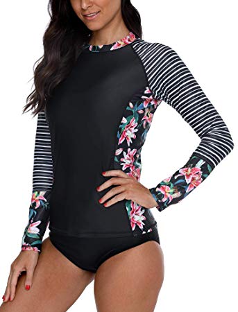 ATTRACO Women's Long Sleeve Sun Protection Rashguard Banded Crew Neck Swim Shirt