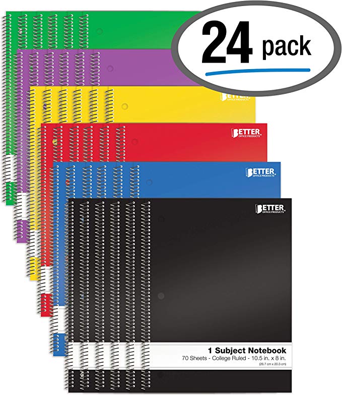 Spiral Notebooks 1-Subject, 24 Pack, College Rule, 70 Sheet, 8 x 10.5 inches, by Better Office Products, 6 Assorted Primary Colors, 24 Pack