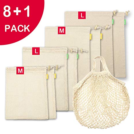 Organic Cotton Reusable Produce Bags, Mesh Produce Bags & Muslin Bulk Bin Bags for Grocery Shopping, Eco Friendly Drawstring bags for Vegetable Fruit Bread Storage, Tare Weight Tags, Washable, 9 Pack
