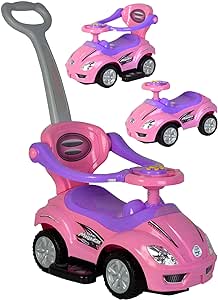 ChromeWheels Push Cars for Toddlers, 3 in 1 Ride on Push Car with Guardrail, Ride on Toys Mega Car w/Push Handle & Horn & Music & Under Seat Storage, Pink