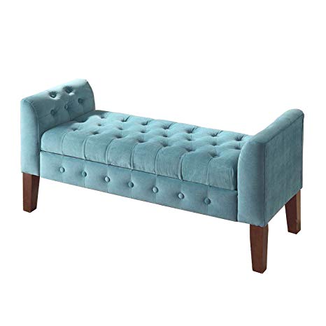 HomePop Velvet Tufted Storage Bench Settee with Hinged Lid, Teal