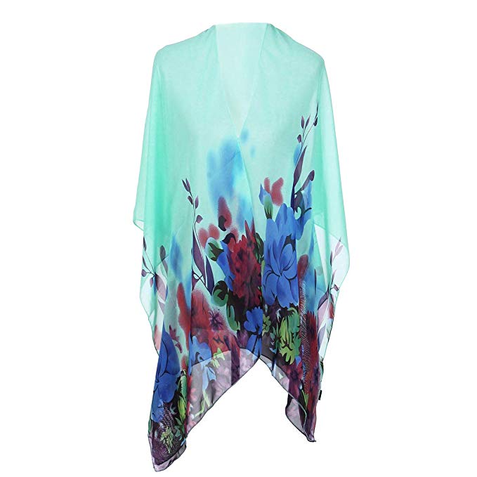 TrendsBlue Elegant Chiffon Floral Sheer Kimono Wrap Cardigan Beach Cover Up