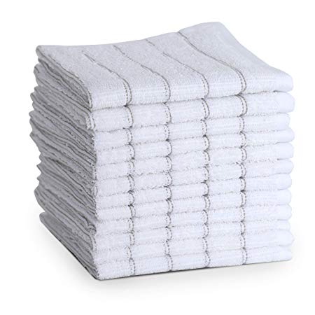Maspar Dish towels, 100% cotton, 12 x12 inch, White with Taupe stripe, Terry, Woven, Absorbent, Quick Dry, Chemical free, Machine Washable, 12 pack set