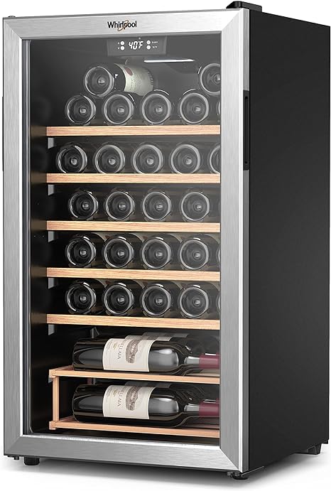 Whirlpool Wine Cooler Refrigerators for 33 Bottles, Free Standing Wine Cellar, 3.6 Cu. Ft. Digital Temperature Control, Double-Paned Glass, Interior LED Light Black