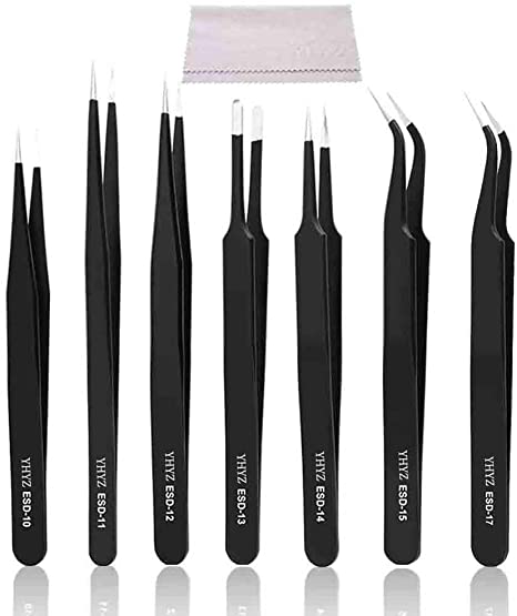 Precision ESD Tweezers, Anti-Static ESD Tweezers Set Kit for Electronics, Sodlering，Jewelry, Craft, Laboratory Work etc (7PCS, Version)