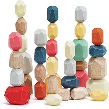 Wooden Montessori Toys Sorting Balancing Stacking Stone, Counting Educational Building Blocks Preschool Learning Open Ended Toy Creative Kids Games Colored Rocks Puzzle Set for 3 Years Old(36PCS)