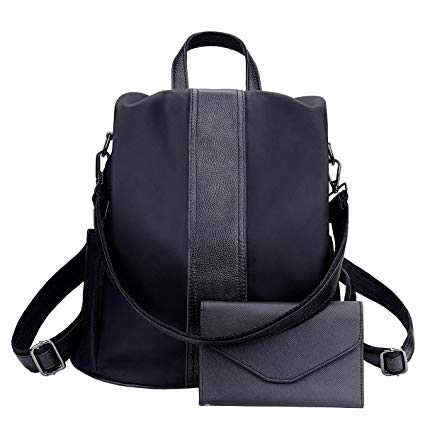 Backpack for Women, Genuine Leather Purse Mini Cute Anti-Theft Ladies Fashion Rucksack, Crossbody Shoulder Bag With Rfid Blocking Travel Passport Wallet Set (Black)