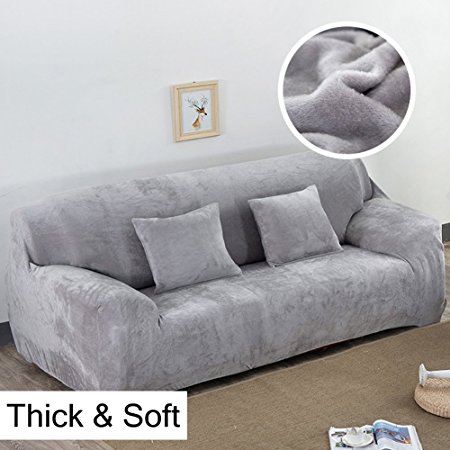 Thick Sofa Covers 1/2/3/4 Seater Pure Color Sofa Protector Velvet Easy Fit Elastic Fabric Stretch Couch Slipcover size 3 Seater:195-230cm (Light Gray)