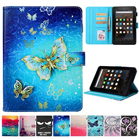 Kindle fire 7 Case - JZCreater Slim Leather Smart Case Cover with Auto Wake/Sleep for All-New Amazon Fire 7 Tablet (7inch Display 5th Generation 2015 & 7th Generation 2017), Gold Butterfly