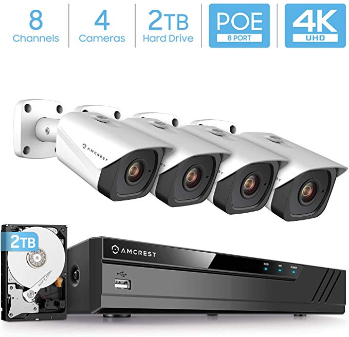 Amcrest 4K Security Camera System w/ 4K (8MP) 8CH PoE NVR, (4) x 4K (8-Megapixel) IP67 Weatherproof Metal Bullet POE IP Cameras, Pre-Installed 2TB Hard Drive, NV4108E-IP8M-2496EW4-2TB (White)