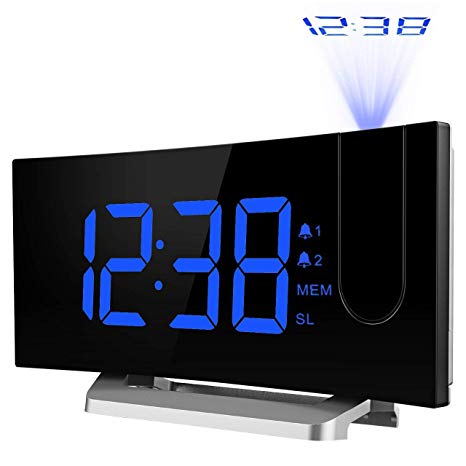 TOPELEK Projection Clock [Upgraded Model], Digital Alarm Clock with 4 Alarm Voice, Dual Alarm, 7'' Curved-Screen FM Radio Alarm Clock with Dimmer, Snooze Mode, Sleep Timer, USB Charging Port, Blue