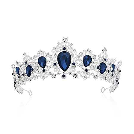 SWEETV Royal CZ Crystal Tiara Wedding Crown Princess Headpieces Bridal Hair Accessories, Sapphire Silver