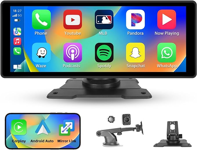 10,26 Pouces Écran Tactile sans Fil Apple Carplay Portable Autoradio avec Caméra de Recul, Dashcam, Radio de Voiture avec Bluetooth, Android Auto, Transmitter FM Support Loop-Recording AUX