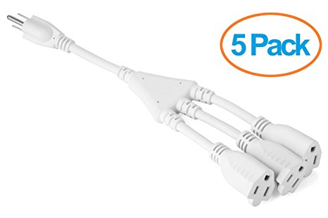 Aurum Cables 3 Prong 1-to-3 Power Cord Splitter Cable - Power Extension Cord - Cable Strip Outlet Saver - Outlet Splitter Electrical Cord - 1 Foot - 16AWG - UL approved - White - 5 Pack