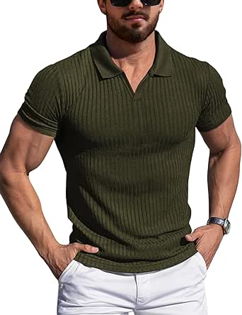 YTD Men's Muscle V Neck Polo Shirts Slim Fit Solid Short Sleeve Golf T-Shirts Ribbed Knit Soft Tees