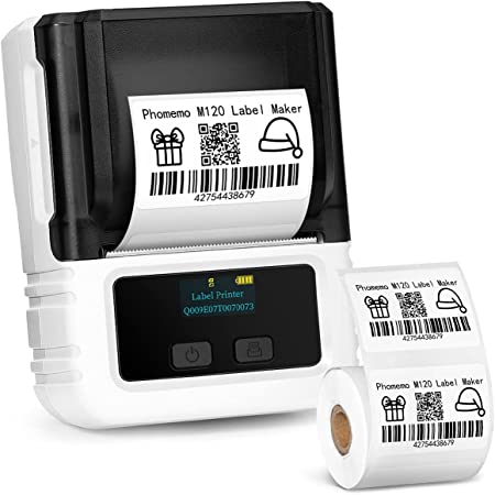 Phomemo M120 Label Maker,Barcode Label Printer, Portable Bluetooth Handheld WirelessThermal Label Printer for Retail, QR Code, Images & Small Business, Compatible with Android & iOS System,White