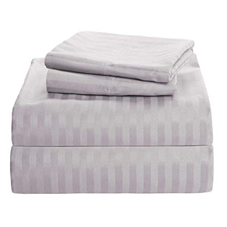 Way Fair Sheet Set Twin Extra Long Size Light Grey Stripe 100% Cotton 600 Thread-Count (15" Deep Pocket Drop) by