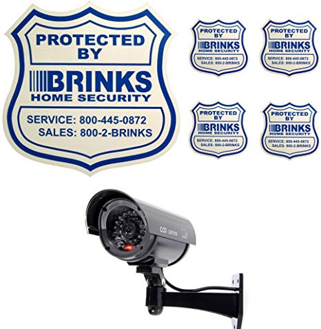 Home Security Yard Sign 4 Security Stickers Decals And Fake Security Dummy Camera CCTV Indoor Outdoor with one LED Light Bundle
