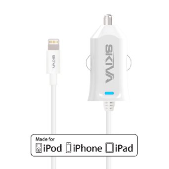 Apple MFi Certified iPhone Car Charger - Skiva 12W 24Amp PowerFlow Rapid Car Charger with integrated 32ft 8-pin Lightning Cable for iPhone SE 6s 6 plus 5s 5c iPad Air mini Pro iPod touch 8 and more