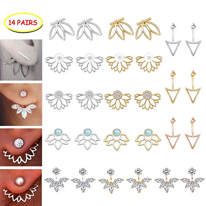 14 Pairs Ear Jackets Lotus Flower Earrings Jackets Simple Chic Ear Stud Earrings Set for Women Girls