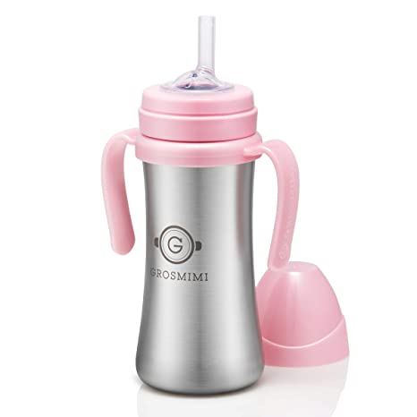 Grosmimi Vacuum Insulated Sippy Cup with Straw with Handle for Baby and Toddlers, Stainless 6 oz (Pink)