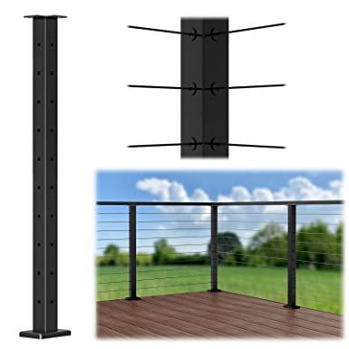 Muzata L-drilled Corner Post 36"x2"x2"(Post Body 35") Fixed Top Cable Railing Post Top Mount One-Post Corner Solution Black Finish Stainless Steel Wood Concrete Level Deck, PS02 BC4S