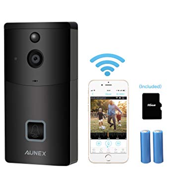 Video Doorbell Wireless Smart 720P HD Security Camera Doorbell with 16G Card 2 Batteries Support 2-Way Talk Wide Angle PIR Motion Detection Night Vision and App Control for iOS and Android - Black