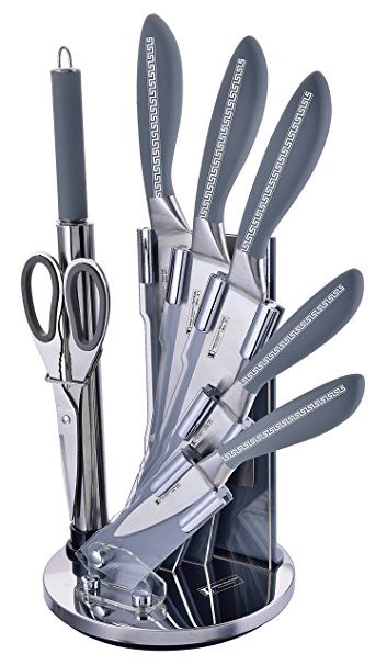 Imperial Collection 8-Piece Stainless Steel Kitchen Cutlery Knife Set with Rotating Block Stand, Silver Grey
