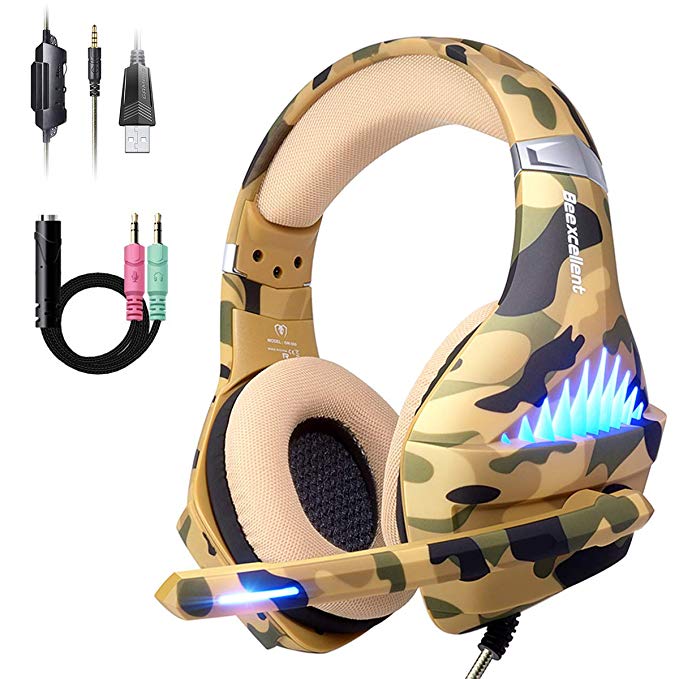 Comfortable PS4 Gaming Headset, Professional 3.5mm Headset with Rotatable, Noise Reduction Mic for PS4, Nintendo Switch,Xbox One, PC, Laptop, Mac,Smart Phone(Over-Ear And LED Lighting) (Camouflage)