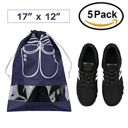 Pack of 5 Portable Dust-proof Breathable Travel Shoe Organizer Bags for Boots, High Heel -- Drawstring, Transparent Window, Space Saving Storage Bags, Large Size, Navy Blue