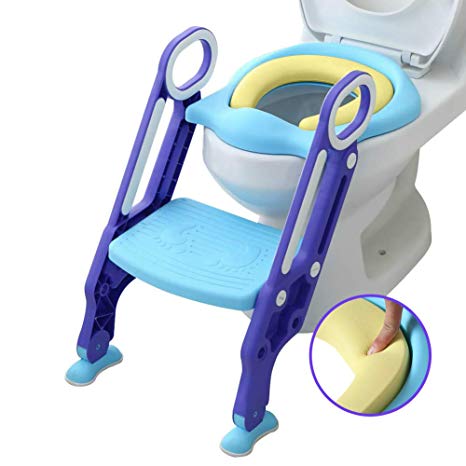 Mangohood Potty Training Toilet Seat with Step Stool Ladder for Boys and Girls Baby Toddler Kid Children Toilet Training Seat Chair with Handles Sturdy Wide Step (Blue Purple Upgrade Pu Cushion)